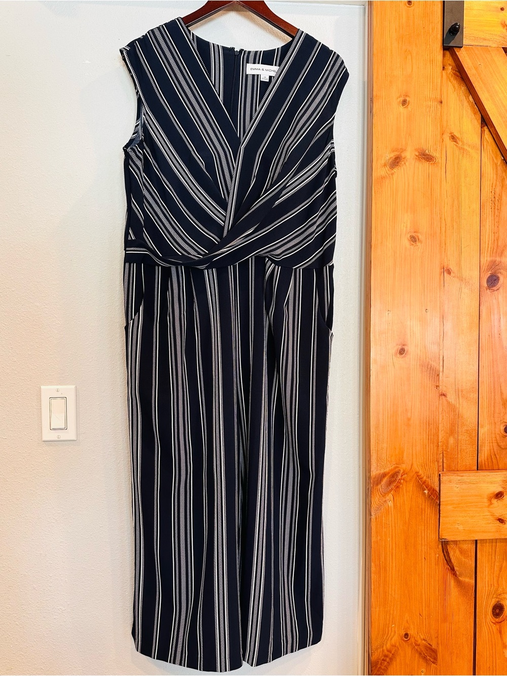 Emma & Michele Navy and White Striped V-Neck Jumpsuit